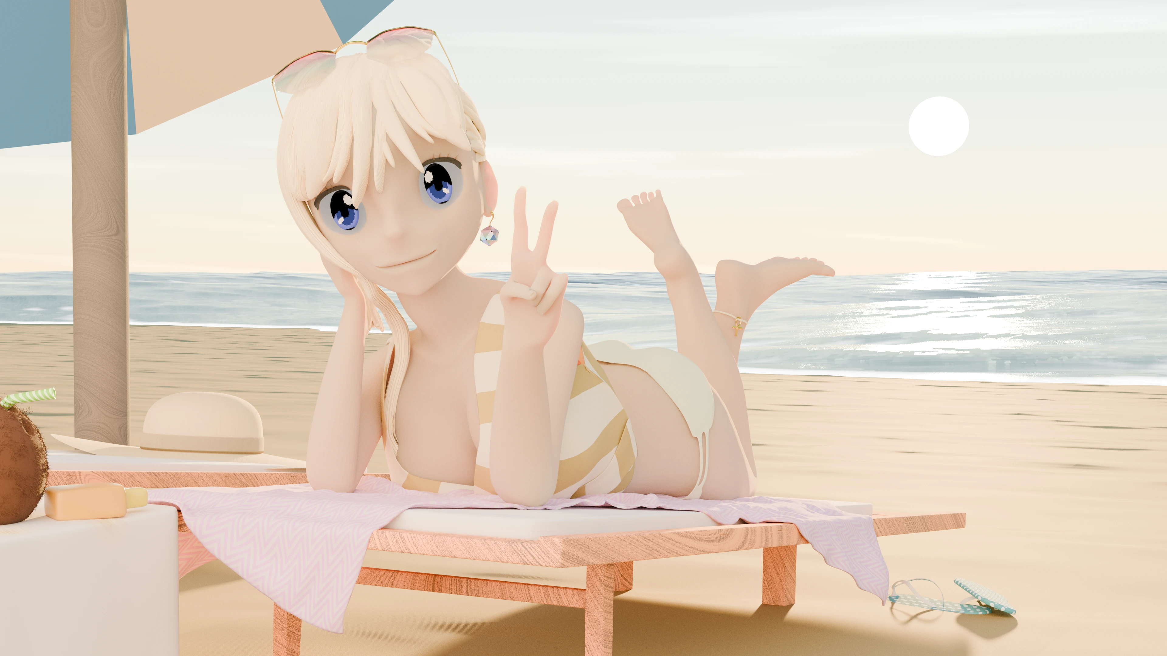 A 3D-modeled anime-style girl on a beach bed on the beach.
                                 She's looking at something just beyond the camera, giving the peace sign.
                                 You can see the sunset behind her reflecting on the water.