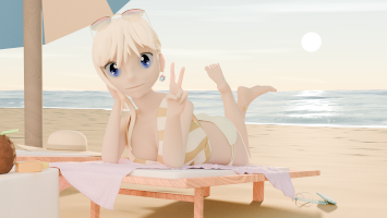 A 3D-modeled anime-style girl on a beach bed on the beach.
                                 She's looking at something just beyond the camera, giving the peace sign.
                                 You can see the sunset behind her reflecting on the water.