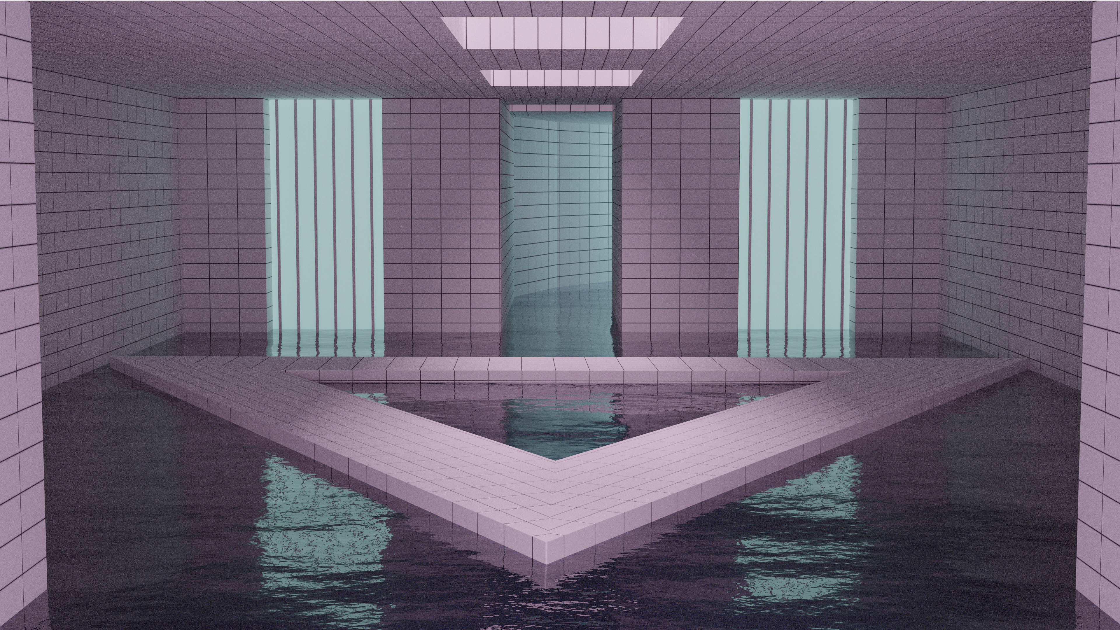 An image of a liminal pool. It is square in shape with a triangular pond in the midst.
                                    There is a hallway leading to somewhere. It's overwhelmingly light blue, pink and purple.