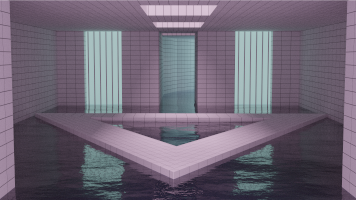 An image of a liminal pool. It is square in shape with a triangular pond in the midst.
                                    There is a hallway leading to somewhere. It's overwhelmingly pink and purple.
