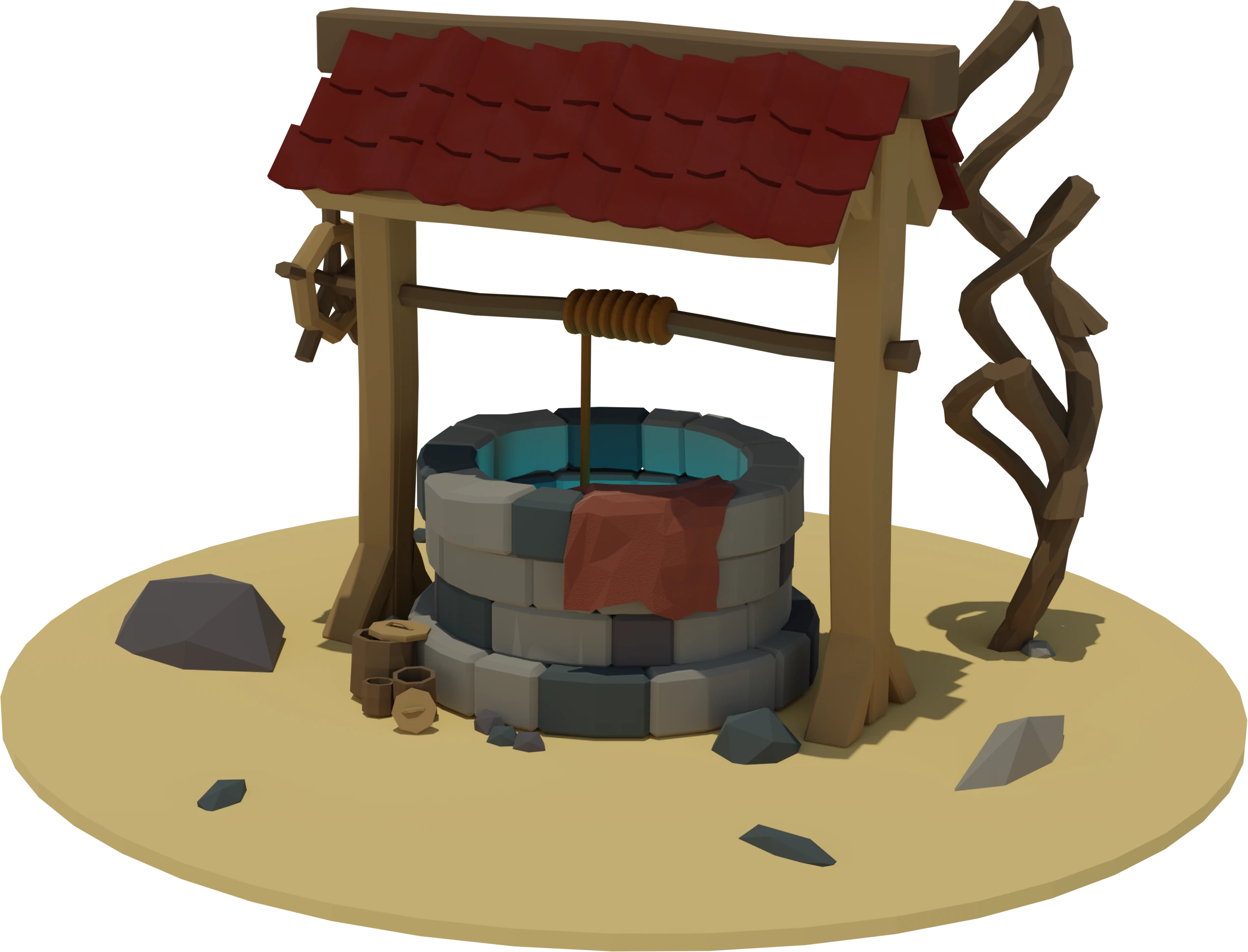 A 3D image of a glowing stylized well with a roof, some props and a dead tree.