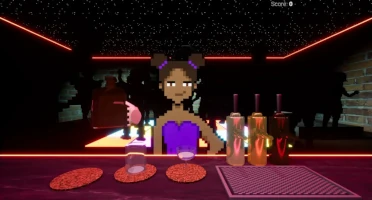 An image representing the 'A guy walks into a bar' game with a customer
                                the bar, and some drinks from the bartender's perspective.