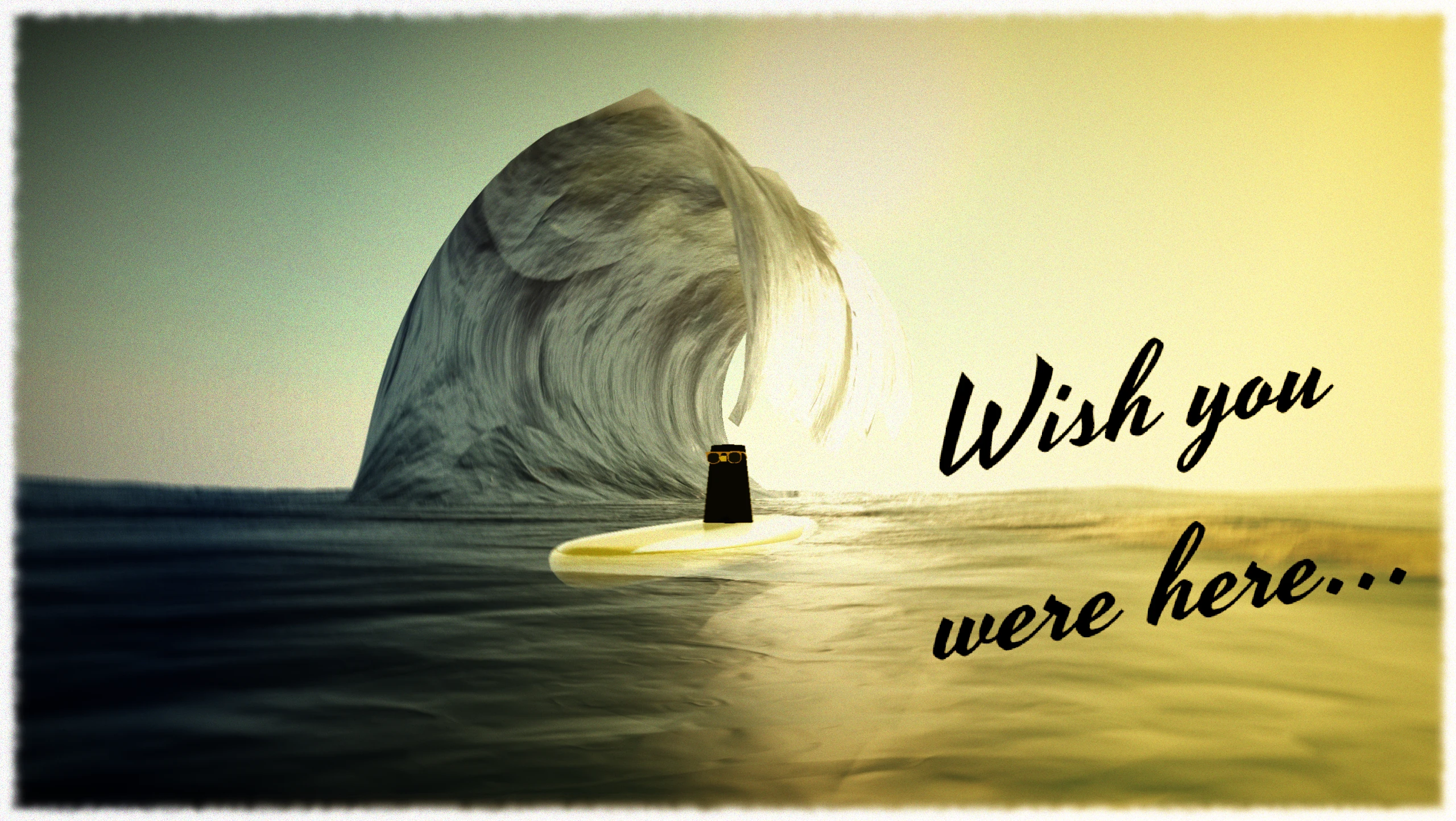 An image representing the penguin game with a penguin surfing
                                next to a big wave with the text 'Wish you were here.'